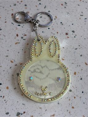 Bunny Mirror Keychain Charm with Iridescent Rhinestones - Lace Cream